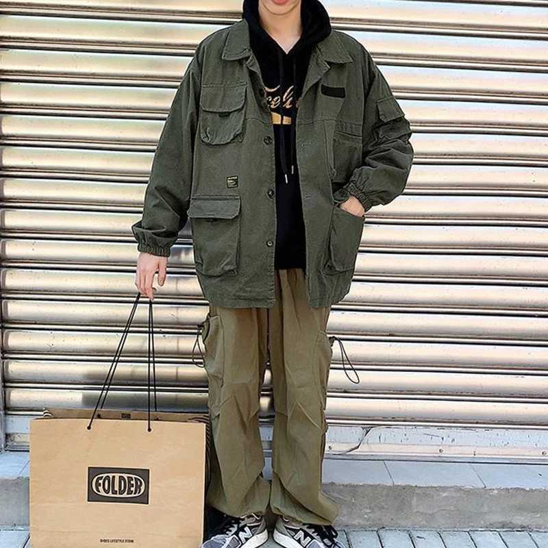 Spring Autumn Workwear Jacket Mens Trendy Hong Kong Style Lapel Coat Punk Oversized Harajuku Bomber Jacket Retro Casual Jacket XJ250621