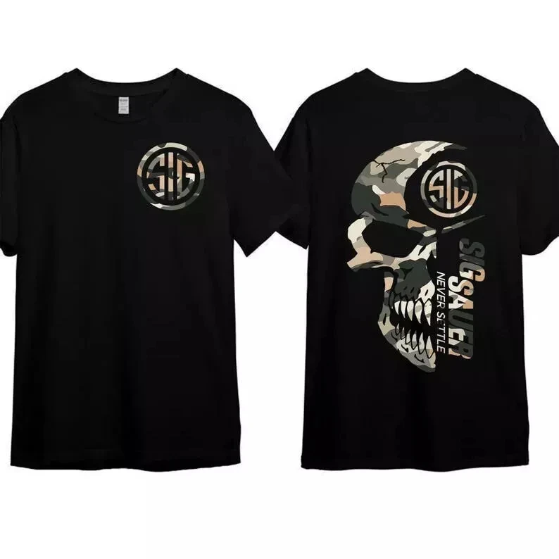 2025 Summer Men's Camo with Sig Sauer Never Settle Shirt High Quality Fashion Hip Hop Street Rock Short Sleeve Men and Women