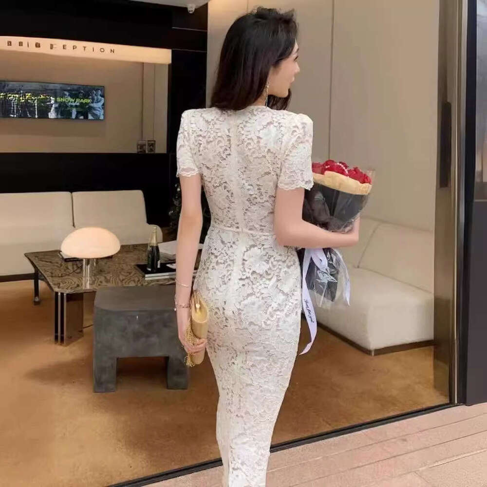 Long Dress Star Style Heavy Embroidered V Neck High Waist Lace Hollow Out Slim Fit Bodycon Socialite Elegant Dress For Women SP Sexy Long Skirt