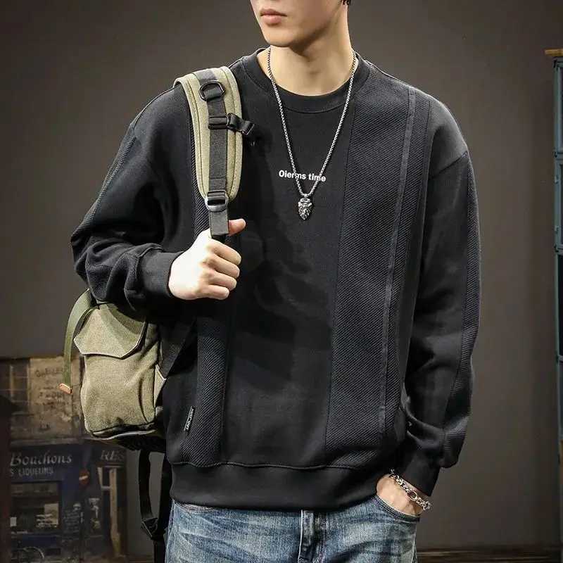 Spring Autumn Mens Trendy Vintage Patchwork Simple Casual Sweatshirt Male Round Neck Long Sleeve Loose All Match Pullover Tops XJ250621