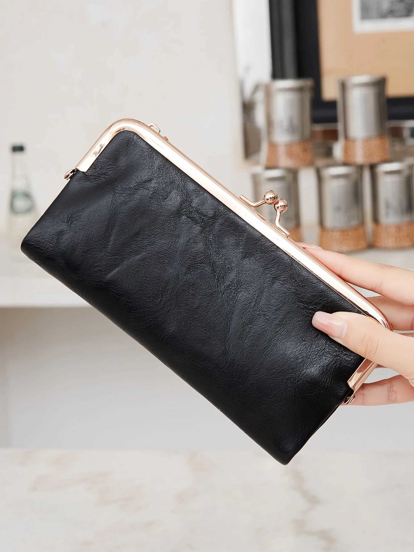 Vintage Kiss Lock Long Womens Wallet Solid Color Multi-functional Zipper Wallet Minimalism Double Fold Large Capacity Handbag Z250621