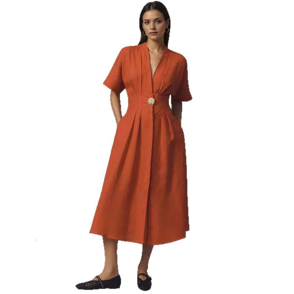 Long Dress New Women S Fashion Long French V Neck Front Button Loose Short Sleeve Split Shirt Dress Sexy Long Skirt