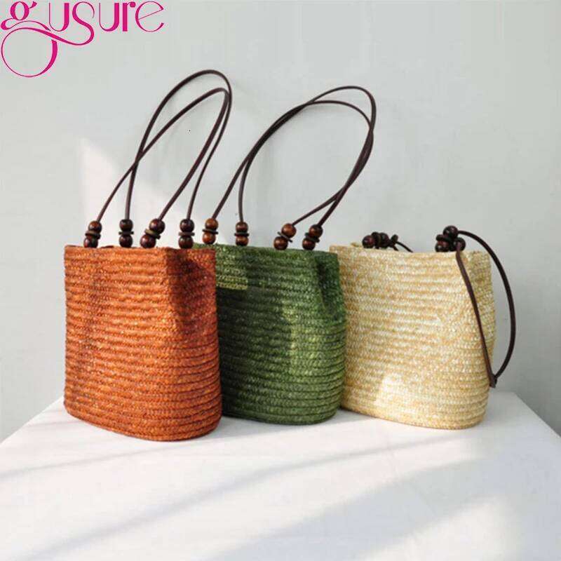 Gusure Women Fashion Straw Shoulder Bags Summer Beach Bucket Handbags For Lady Rattan Woven Casual Large Bohemia Shopping Totes