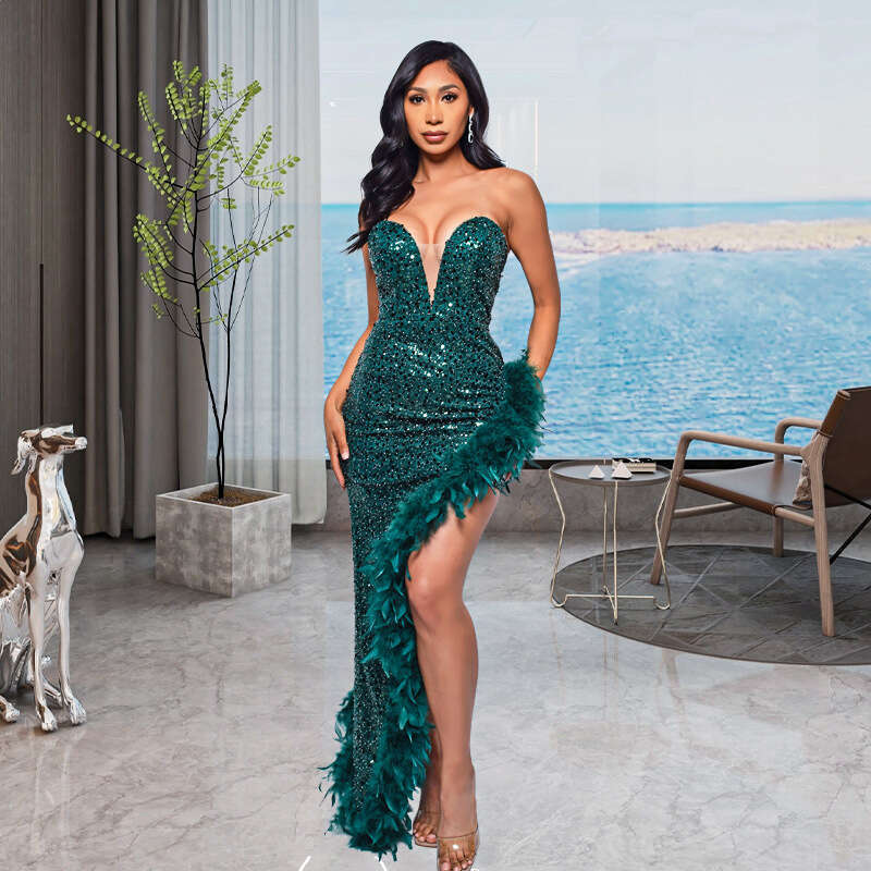 Long Dress Ins Style Women S Off Shoulder Sequin Feather Dress Sexy Long Skirt