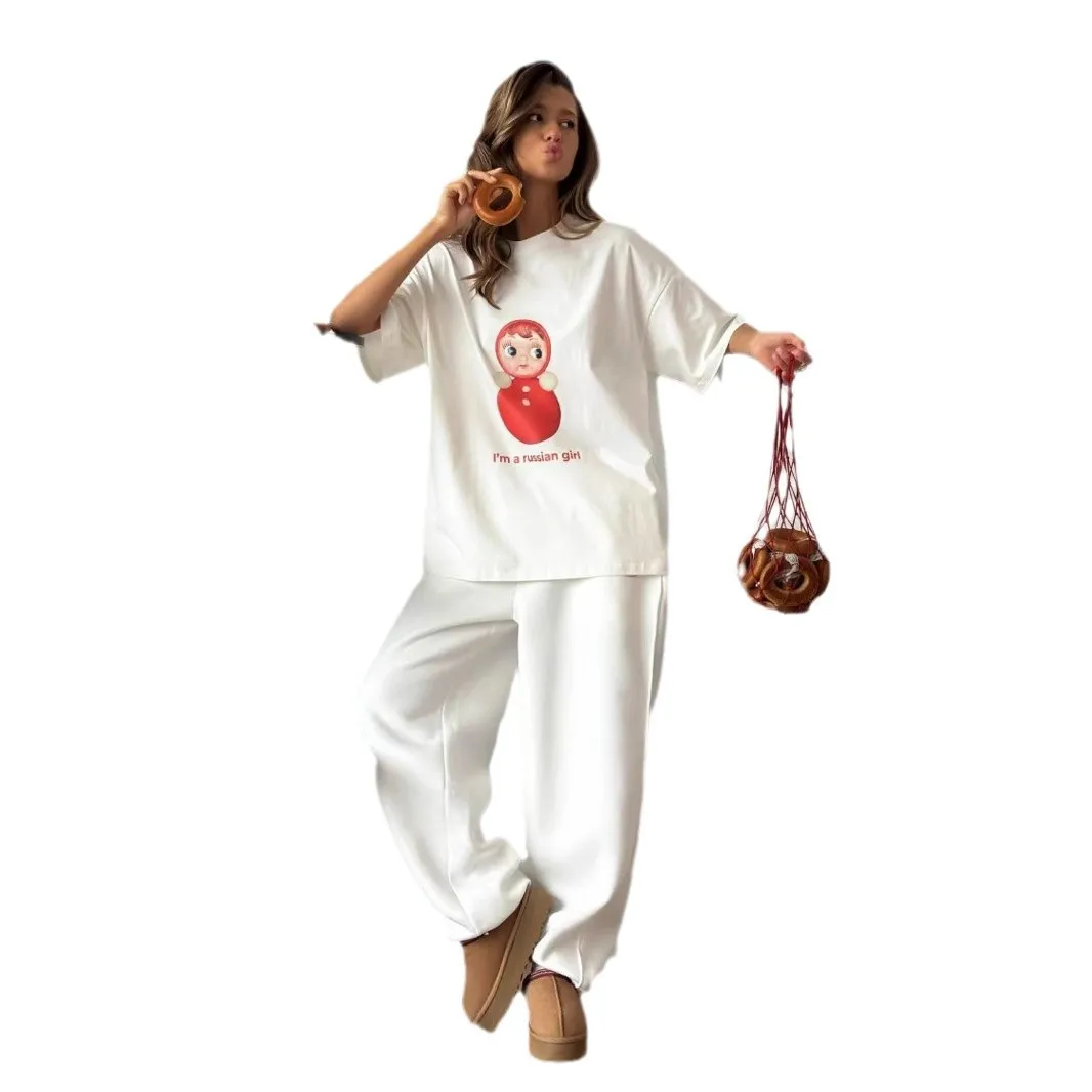 Street Style Retro Russian Doll Print Ladies T Shirt Casual Fashion Y2k Personality Round Neck Short Sleeved T Shirt