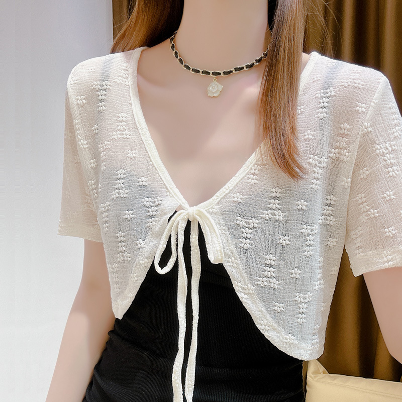 K1089 Lace short-sleeved shawl summer collocation suspender skirt thin cardigan sunscreen small waistcoat top women