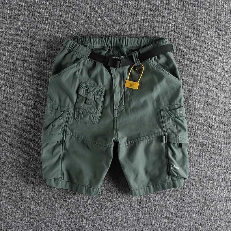Summer New American Retro Cityboy Outdoor Cargo Shorts Mens Pure Cotton Washed Casual Multi-pocket 5-point Trousers with Belt W250621