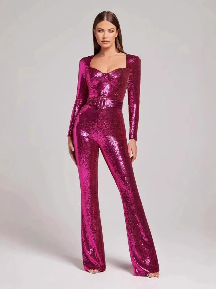 Jumpsuits Women Sequin One Piece Floor Length Pant Overalls Full Sleeve Bodycon Party Night Rompers Splice High Waist Belt 250617