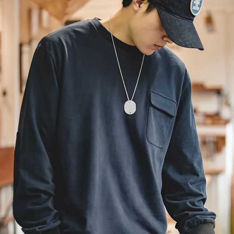 Maden Japanese Vintage Long Sleeve T-shirt for Men Patchwork Pocket Loose O-neck Tops Solid Color 100% Cotton Casual Sweatshirt XJ250621