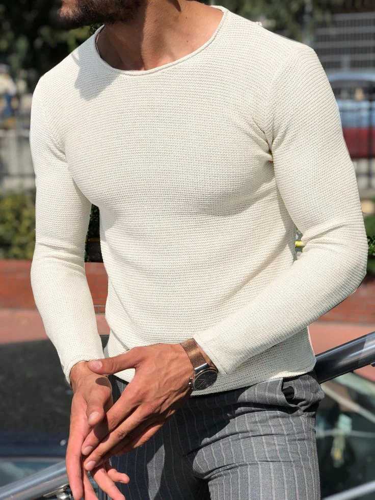 Mens sweater fashion mens casual round neCK sweater solid color slim fit long sleeved knitted pullover top Z250621