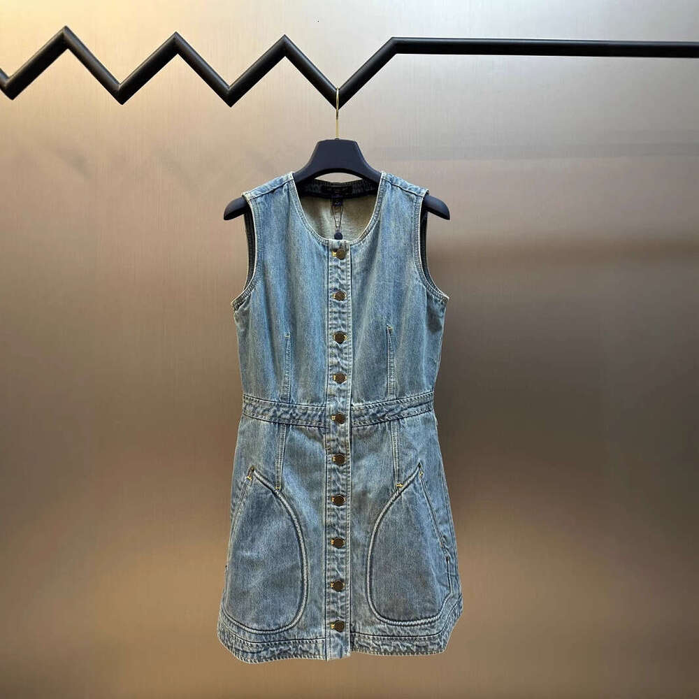Long Dress Correct High Version Donkey Home Summer New Fashion Versatile Round Neck Button Sleeveless Denim Dress Sexy Long Skirt
