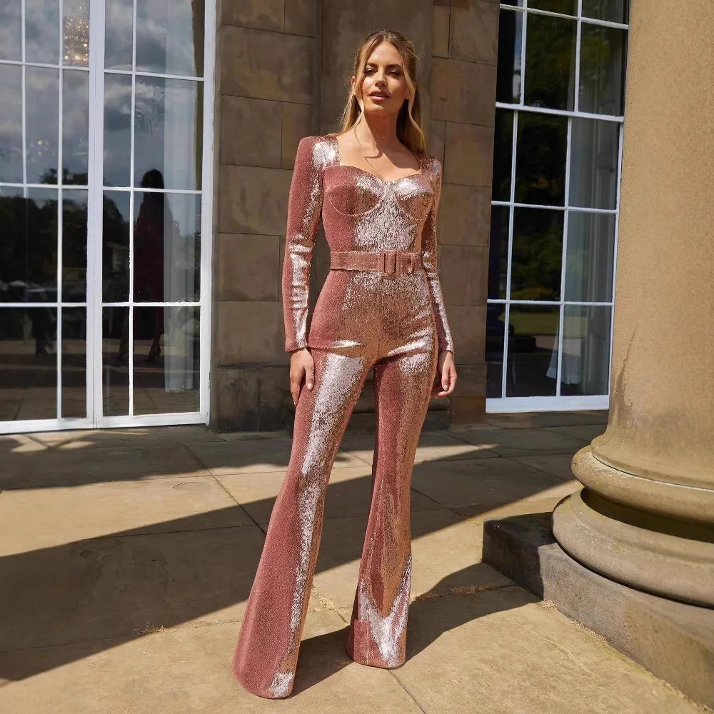 Jumpsuits Women Sequin One Piece Floor Length Pant Overalls Full Sleeve Bodycon Party Night Rompers Splice High Waist Belt 250617
