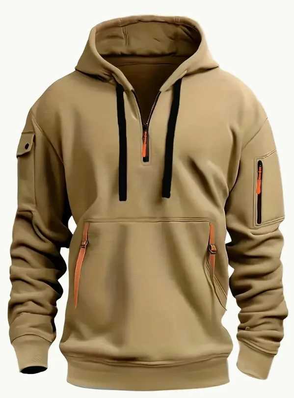 Multi-pocket zipper mens fashionable hooded sweatshirt autumn and winter full zipper cardigan casual wear XJ250621