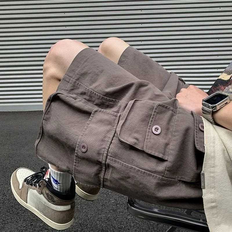 Oversize with Draw String Short Pants for Men Loose Big Size Long Baggy Bermuda Multi Pocket Wide Solid Mens Cargo Shorts Half W250621