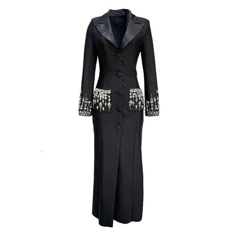 Long Dress New Celebrity Fashion Heavy Beaded Rhinestone Blazer Collar Bandage Gown Long Dress Sexy Long Skirt