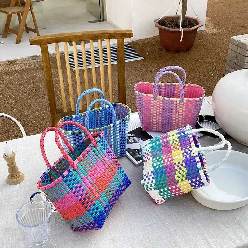 2024 New Vegetable Basket Summer Fashion PVC Handbag Hand Woven Bag Patchwork Striped Tote Beach Bags Purses and Handbags XJ250620