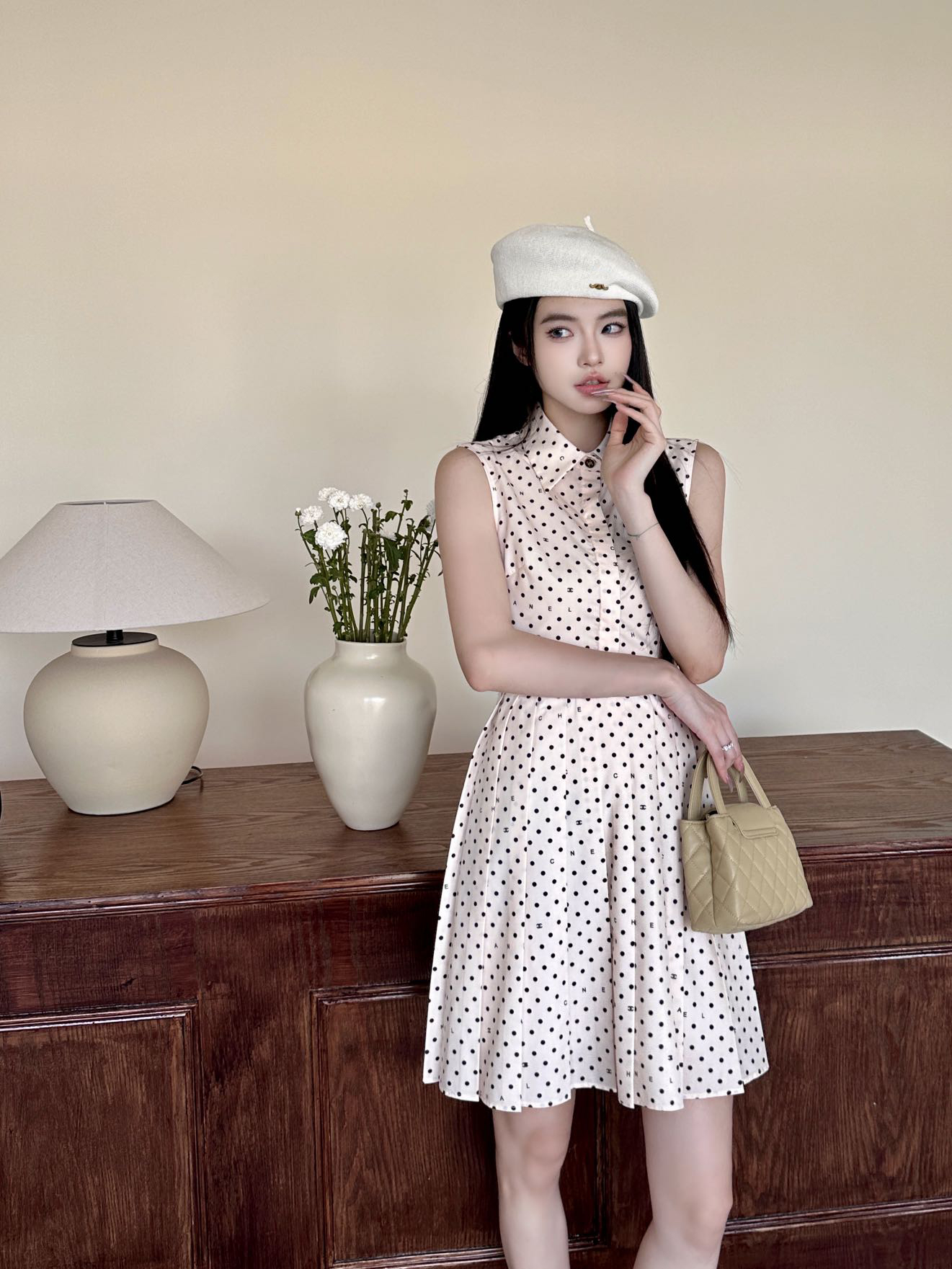 Designer high-end quality, dress, midi dress polka dot print sleeveless vest dress,