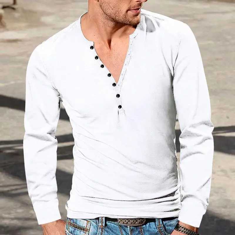 New Mens Four Season Henley Shirt Vintage Long Sleeve T-shirt Cross Border Mens Button V-Neck Slim Solid T-shirt Top Z250621