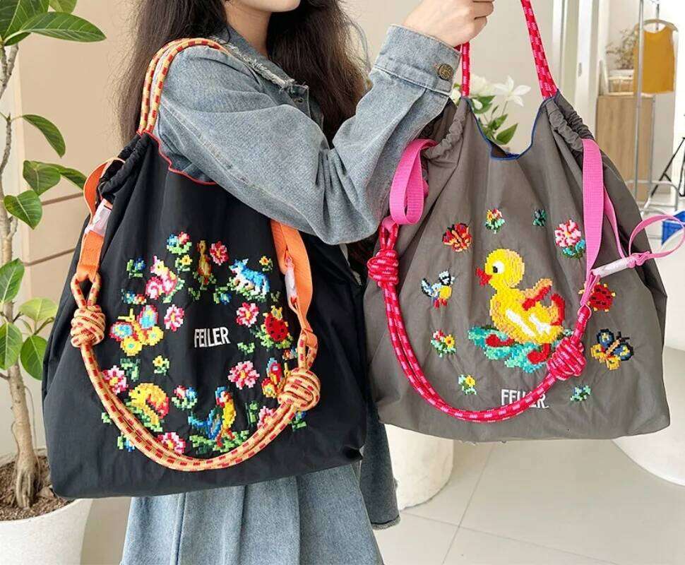 FEILER Oxford Cloth Large Draw String Hand Capacity Portable Shoulder Foldable Bag Embroidery Designer Bags