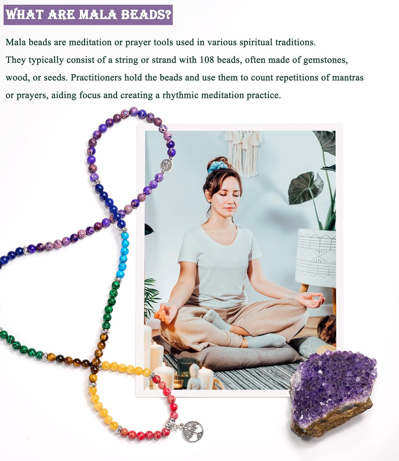Attract Prosperity Zen 108 Beads Necklace Long Beaded Wrap Bracelets Genuine Gemstone Mala Prayer Beads Lotus Buddha Charm Yoga Meditation Necklace