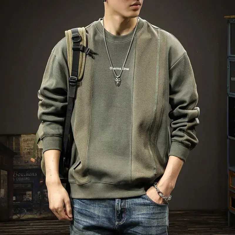 Spring Autumn Mens Trendy Vintage Patchwork Simple Casual Sweatshirt Male Round Neck Long Sleeve Loose All Match Pullover Tops XJ250621