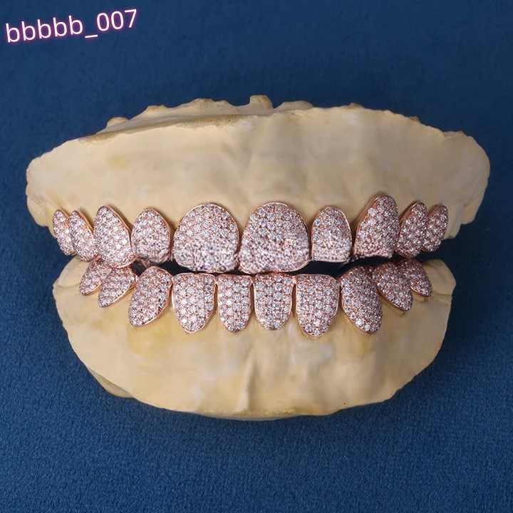 Hip Hop Rose Gold Iced Out Grillz Top Bottom Cubic Zircon Moissanite Diamond Teeth Decoration 10k 14k 18k Gold 925 Silver Teeth