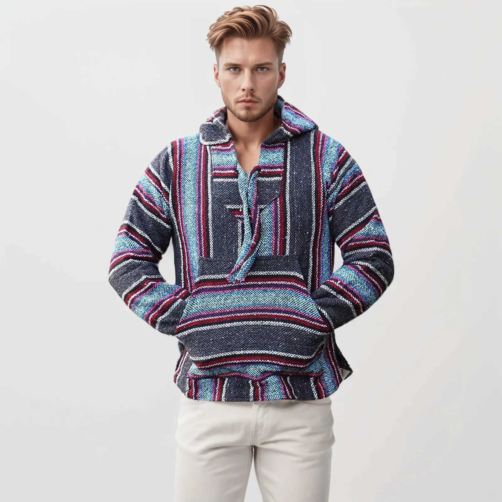 3D Print Hippie Hoodie For Men Ethnic Style Pullover Hooded Sweatshirt Drawstring Pocket Hoodies V Neck Men Streetwear Hoodies Z250621