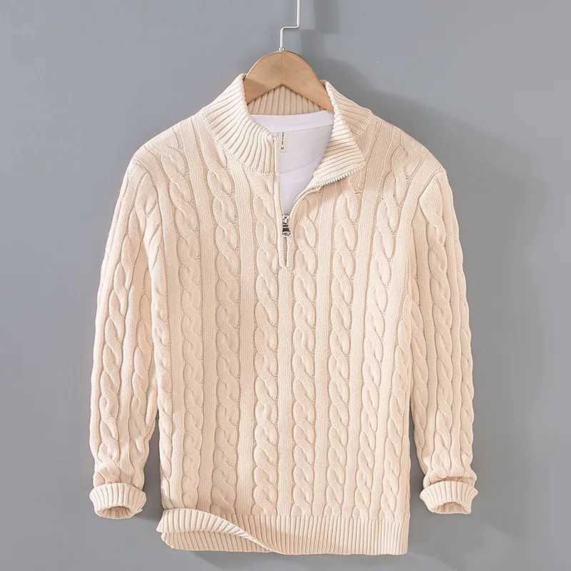 2025 New Autumn Winter Men Pullover Sweater Men Stand Collar Half Zip Cotton 100% Thickened Knit Solid Color High Street Clothes Z250621