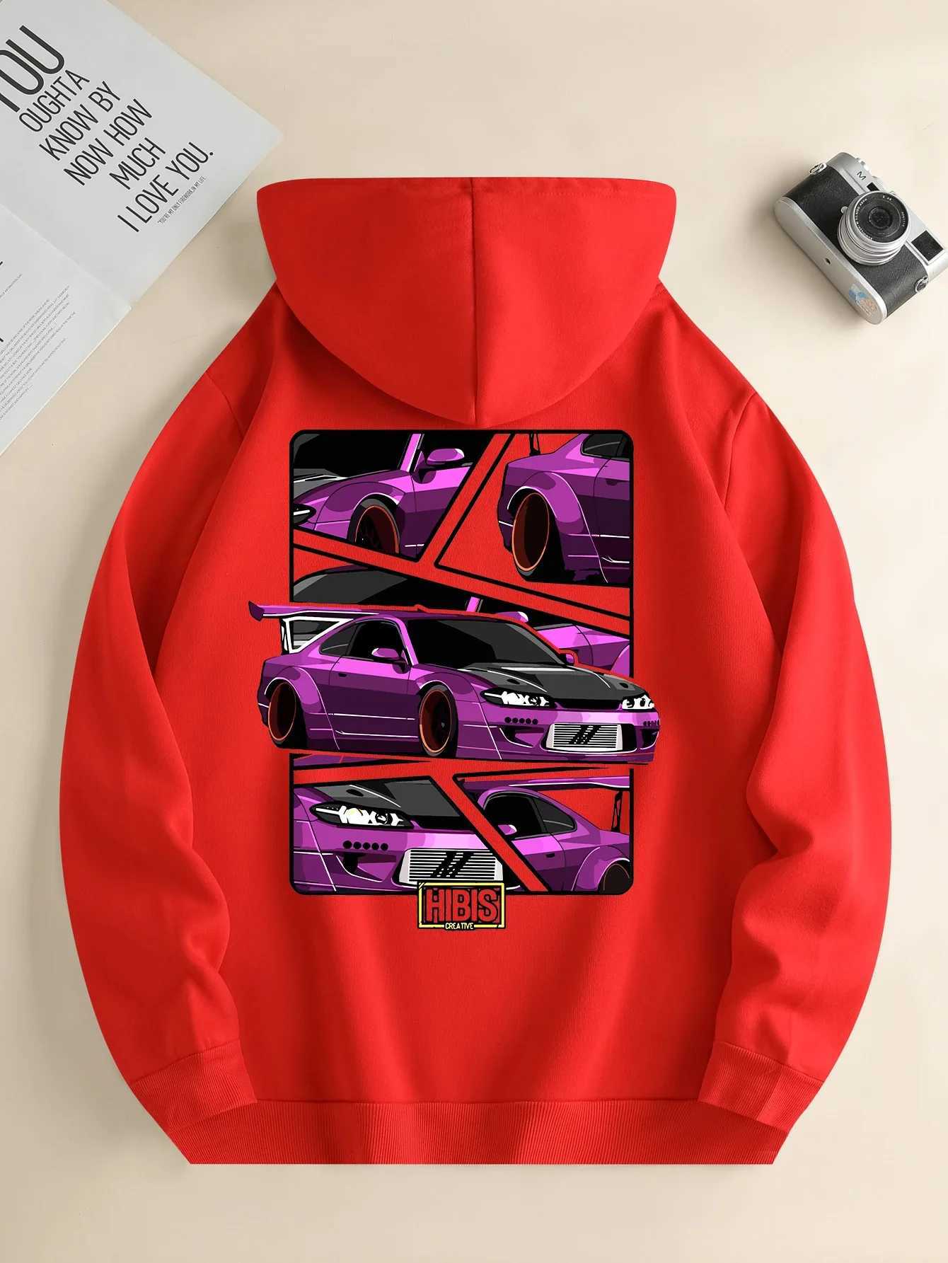2024 popular mens fashion hooded sweatshirt casual hooded sweatshirt daily drawstring car print kangaroo style front pocket XJ250621