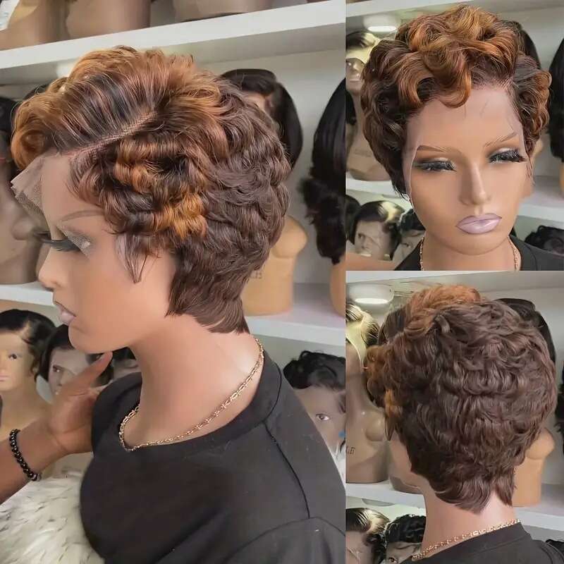 13X4 Pixie Cut Human Hair Short Layered Curly Wig