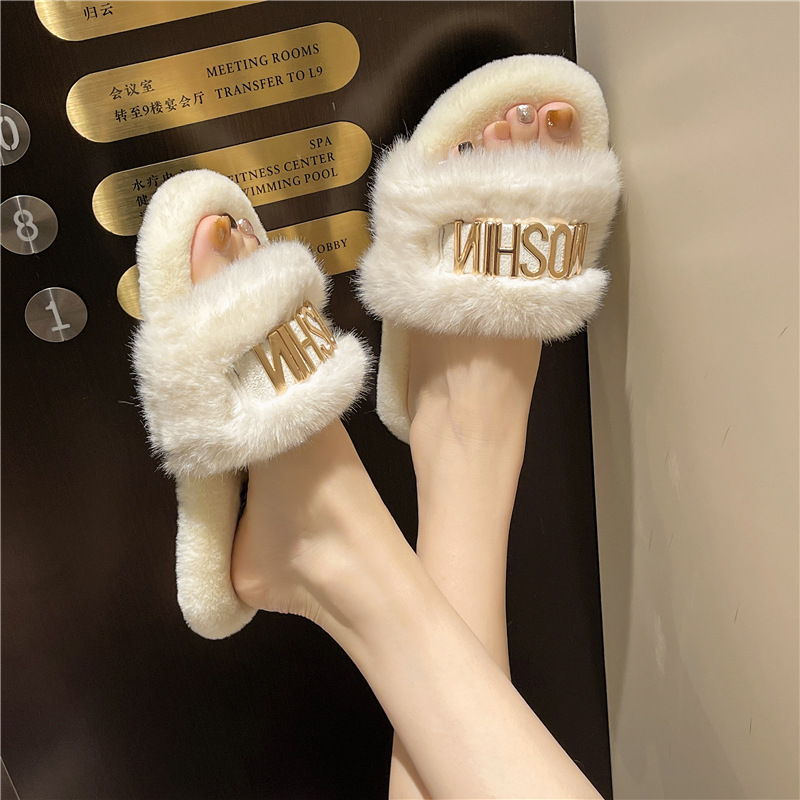 Designer soft-soled letter woolen slippers for women to wear as outerwear, 2025 autumn and winter home indoor one-shoulder cotton slippers Free Shippi