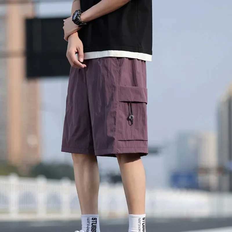Wide with Draw String Elastic Waist Baggy Loose Solid Pockets Short Pants for Men Mens Cargo Shorts Long Half Distressed Nylon W250621