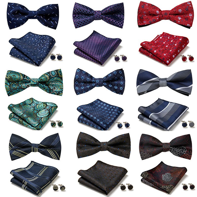 Black Floral Solid Self Tie Bow Tie Men Fashion Butterfly Silk Formal Business Wedding Party Bowtie Handkerchief Set DiBanGu 241225