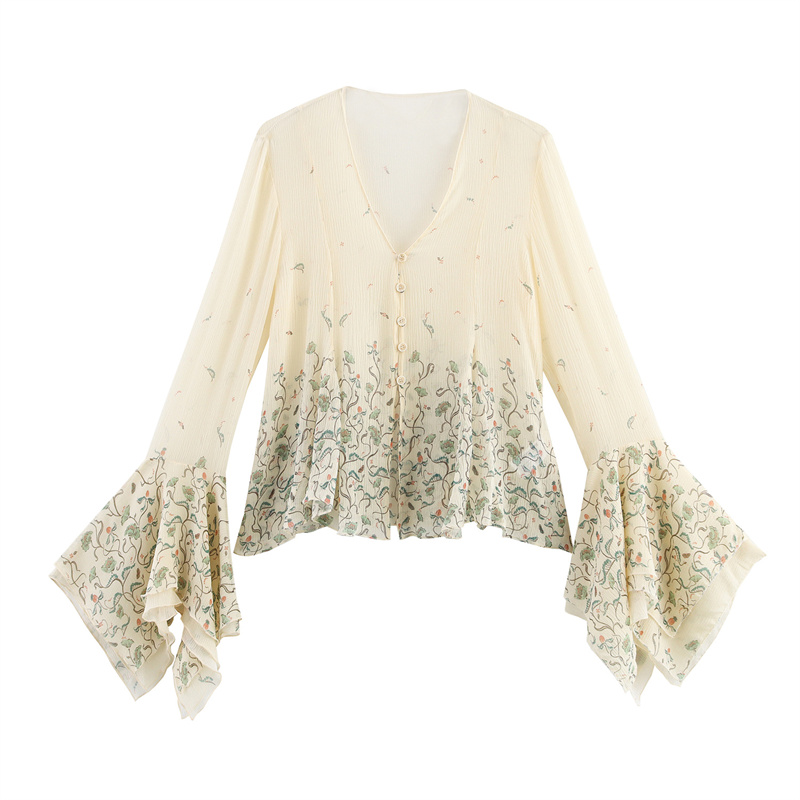 2025 Spring/Summer New Product Casual Women's Printed Shirt V-neck Buckle Decoration Fashionable and Versatile