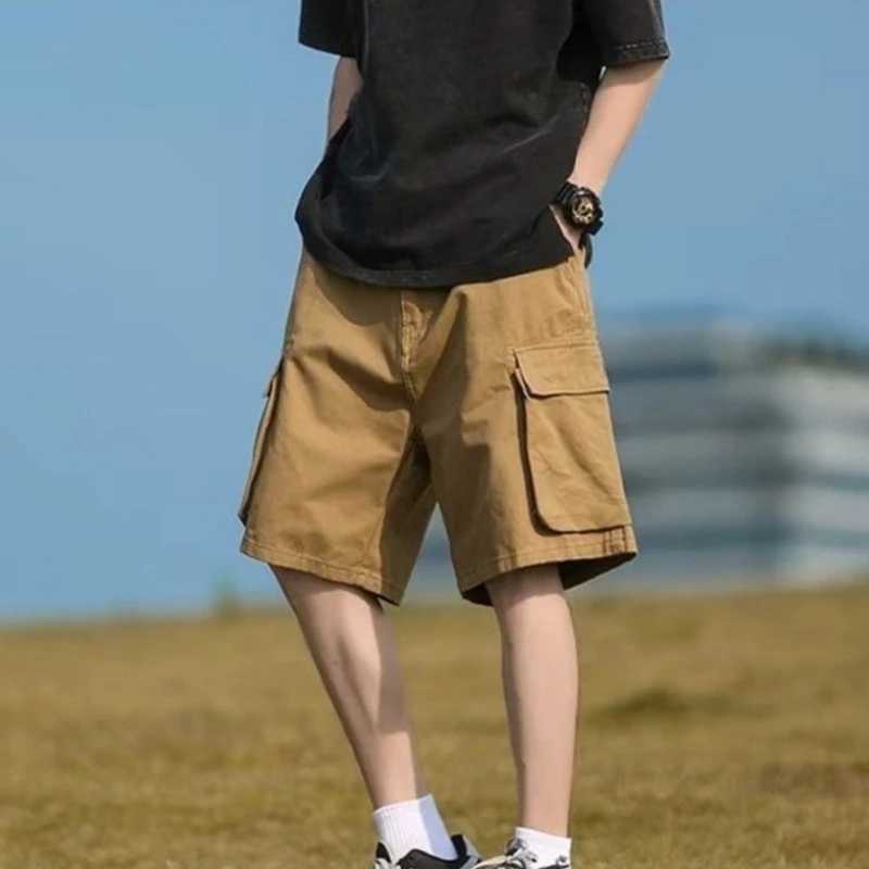 Mens Bermuda Cargo Shorts Elastic Waist Khaki Baggy Wide Loose Multi Pocket Short Pants for Men Harajuku Elegant Designer Cotton W250621