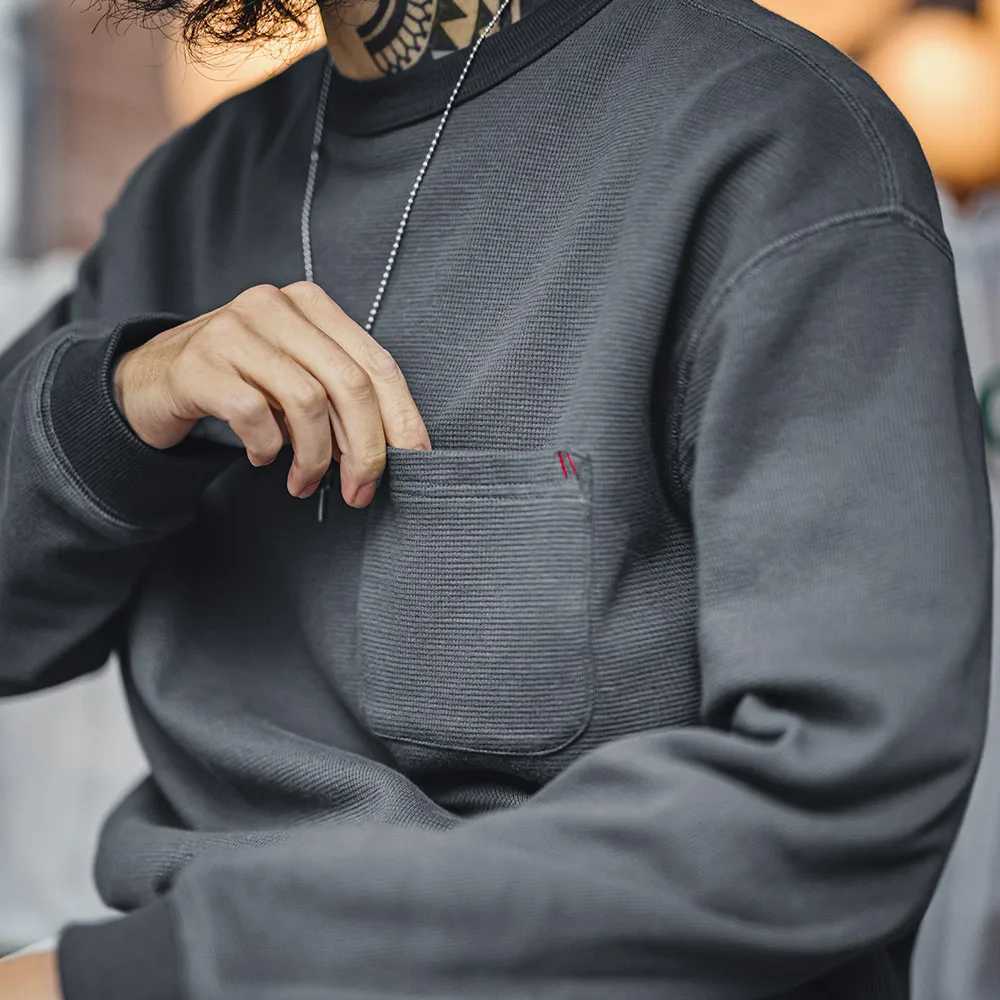 Maden Casual Waffle Knit Pocket Hoodie Mens Spring Loose Fit Long Sleeve Pullover Round Neck Sweatshirt Comfortable T-Shirt XJ250621