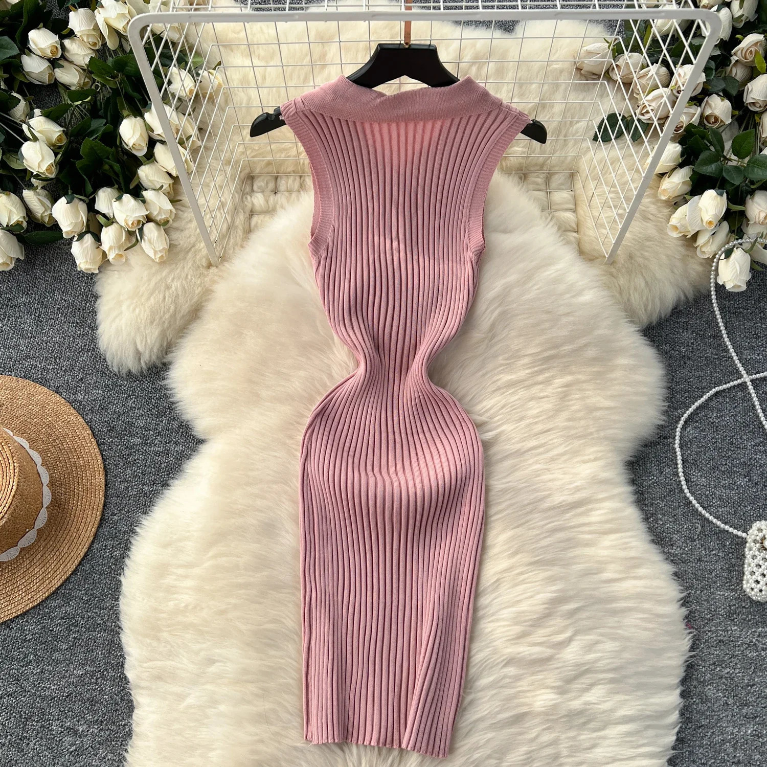 Summer Solid Sleeveless Knit Dress Women Elegant Slim Elastic Stretch Casual Bodycon Party Mini Dresses Outfits 250617