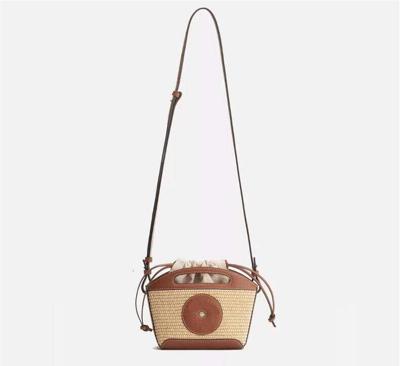 Women's Summer Cookie Straw Woven Basket Beach Handbag Designer Famous Brand Mini Crossbody Shoulder Small Drawstring Bucket Bag