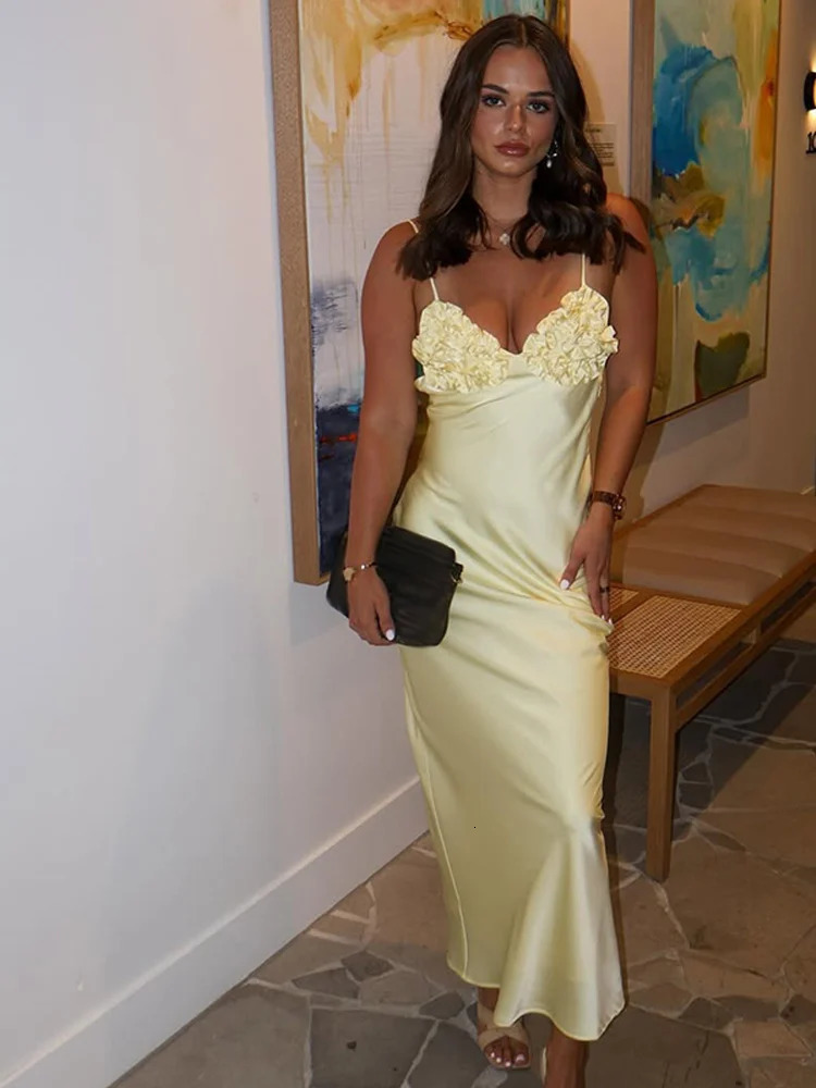 Satin 3D Flower Yellow Dress Women Slip V-neck Sleeveless Backless Lace Up Dresses 2025 Summer Lady Party Evening Slim Lady Robe 250617