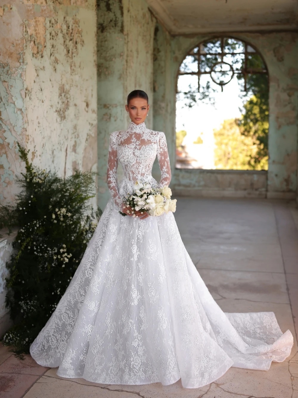 Graceful High Neck Wedding Dresses Lace A Line Bridal Gowns Appliques Long Sleeves Princess Customized Bride Vestidos De Novia Plus Size