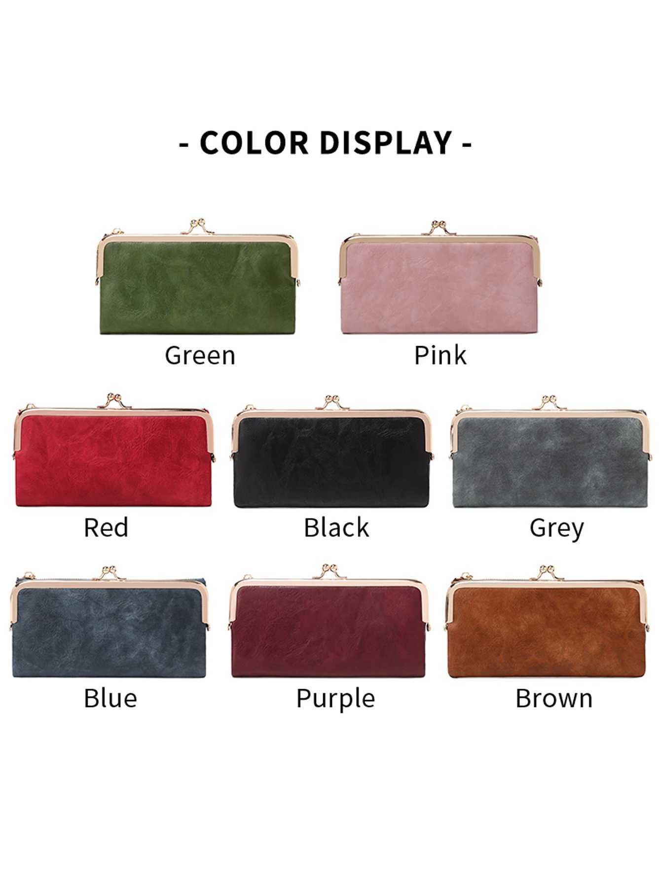 Vintage Kiss Lock Long Womens Wallet Solid Color Multi-functional Zipper Wallet Minimalism Double Fold Large Capacity Handbag Z250621
