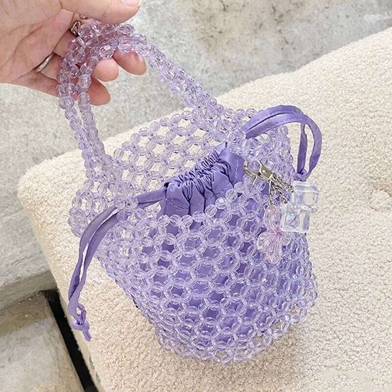 Women Beaded Summer Design Hollow-Out Woven Bead Handbag Small Bucket Bag No Pendant
