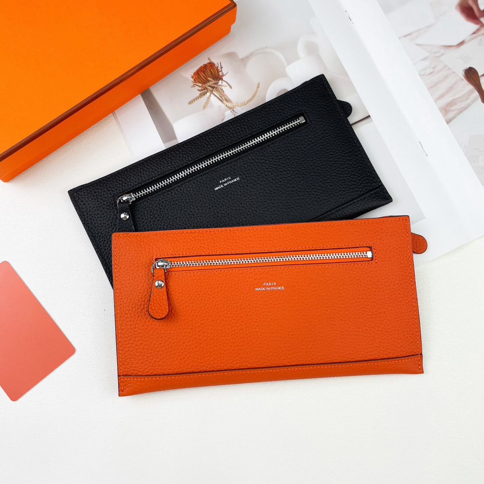 Luxury Designer Long Slim Wallet Minimalist Women Men Genuine Leather Wallet Card Clip Wallet Clutch Designer Zipper Money Clip Check Holder ID Credit Card Holder