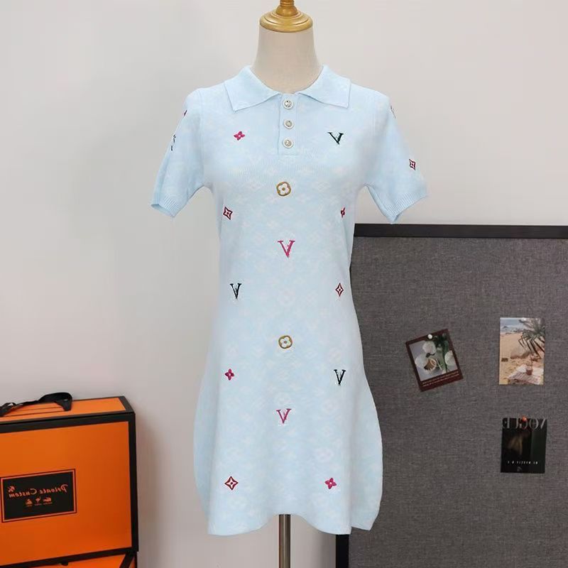Summer embroidered letter polo neck dress new knitted short sleeve dress