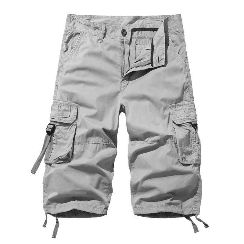 New Loose Large Size Cargo Shorts Cotton Mens Tactical Casual Shorts Solid Color Patchwork Military Shorts White Knee Length W250621