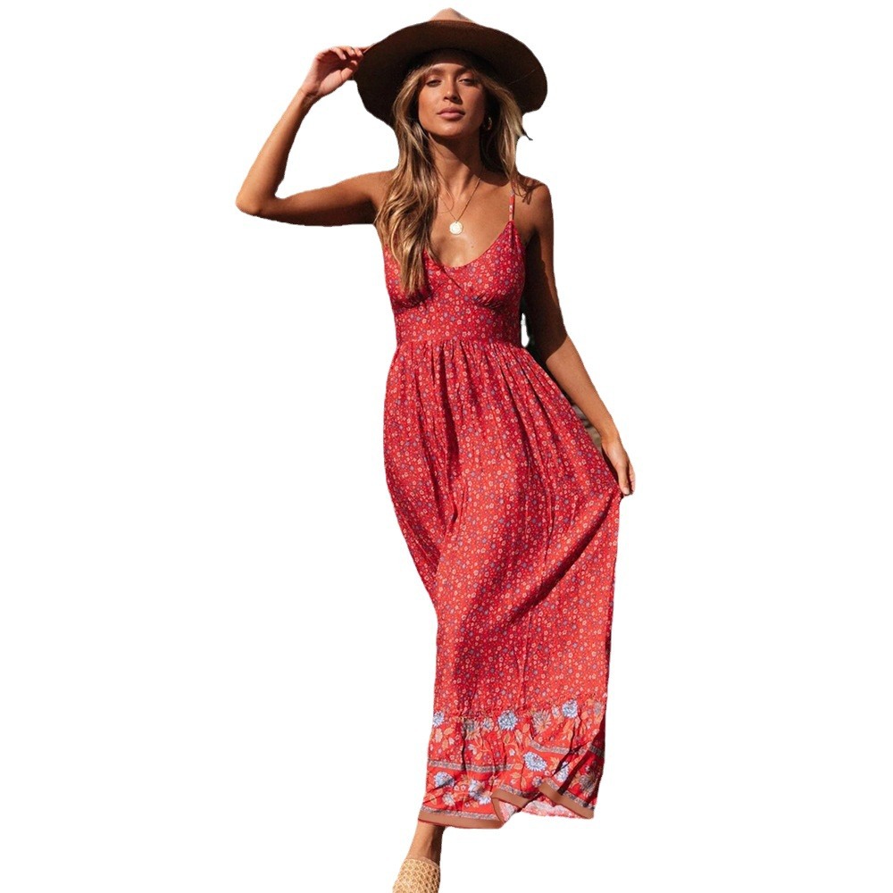X6201New Swing Skirt Amazon European and American Women's Bohemian V-neck Suspender Floral Dress