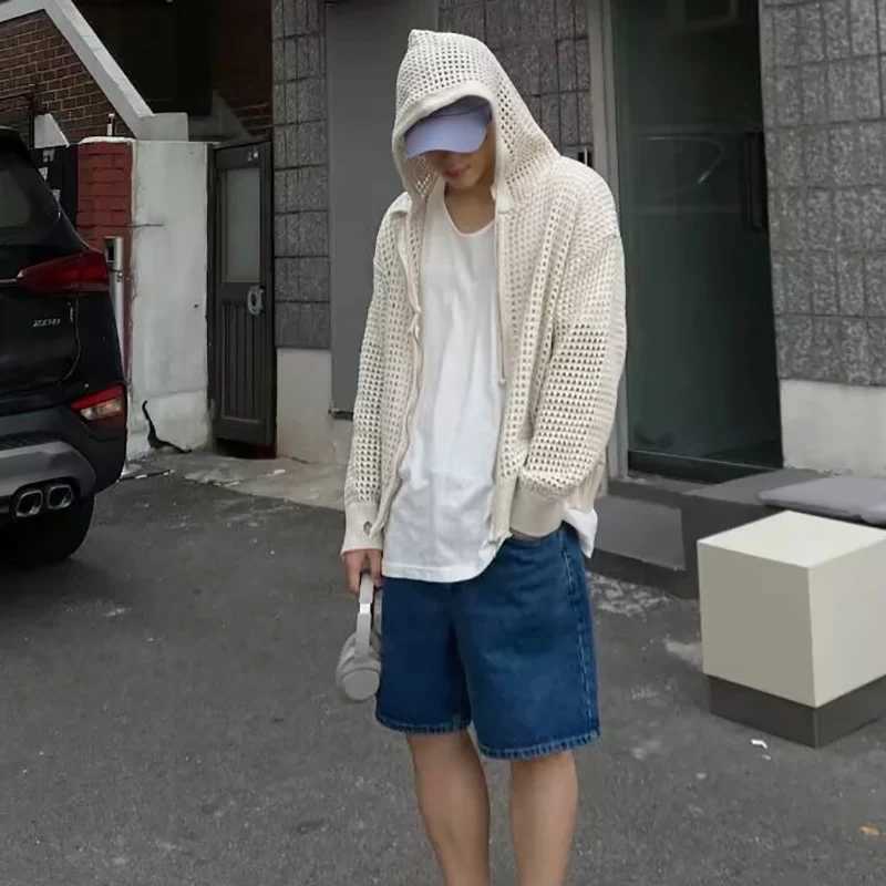 2025 Mens Casual Hollow Coats Breathable Cardigan Sweater Summer Lightweight Hooded Knitted Top Korean Trendy Streetwear Clothing Z250621