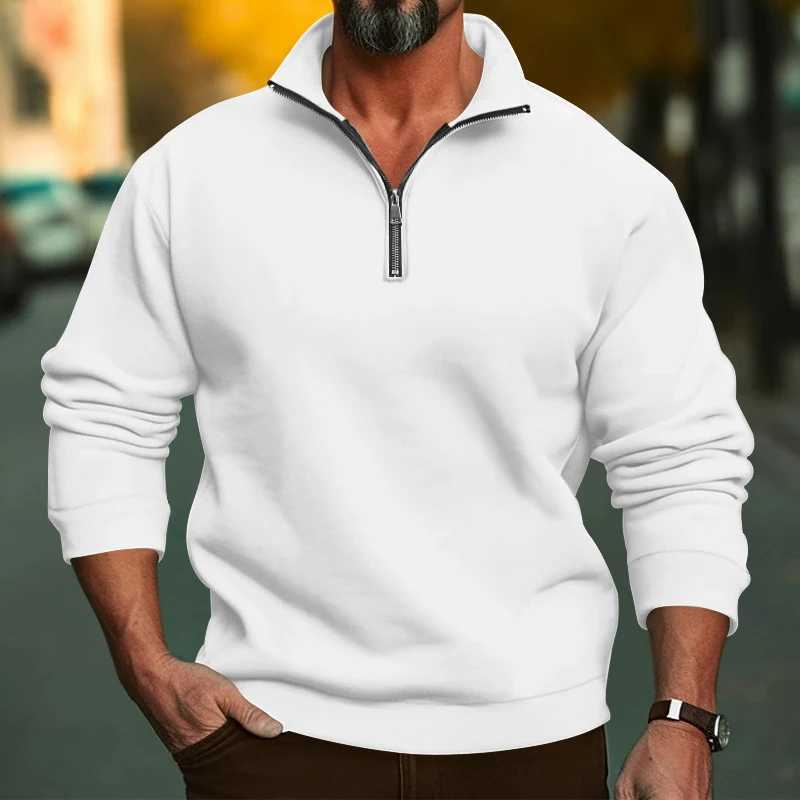 Autumn and winter Napped fabric mens casual long sleeve hoodie solid color half zip stand collar T-shirt top mens pullover Z250621