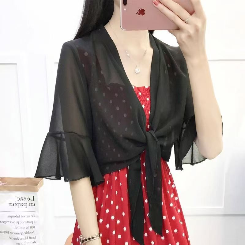 K1088 Chiffon small shawl women's short style with suspender skirt outer wear 2024 spring and summer all-match waistcoat thin cardigan