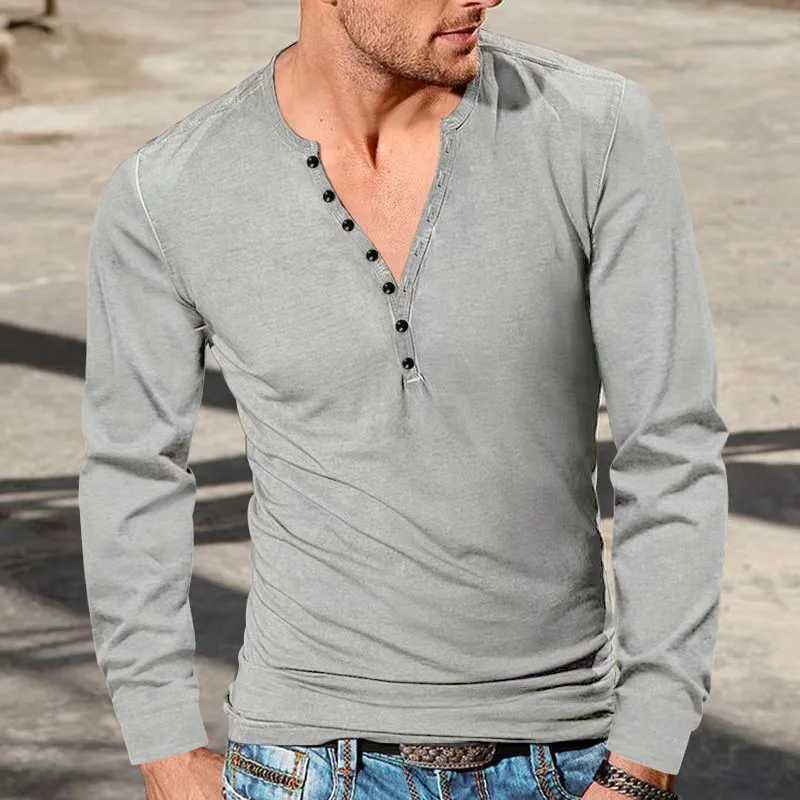 New Mens Four Season Henley Shirt Vintage Long Sleeve T-shirt Cross Border Mens Button V-Neck Slim Solid T-shirt Top Z250621